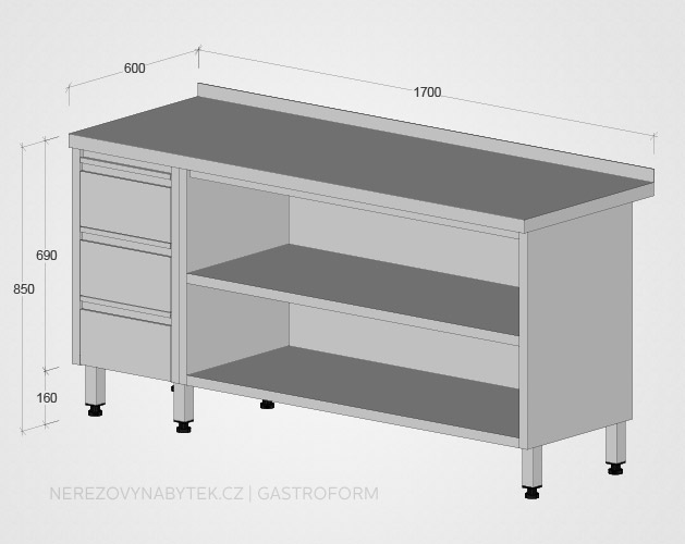 Nerezový stůl s policí a zásuvkami, nerez stůl s policí